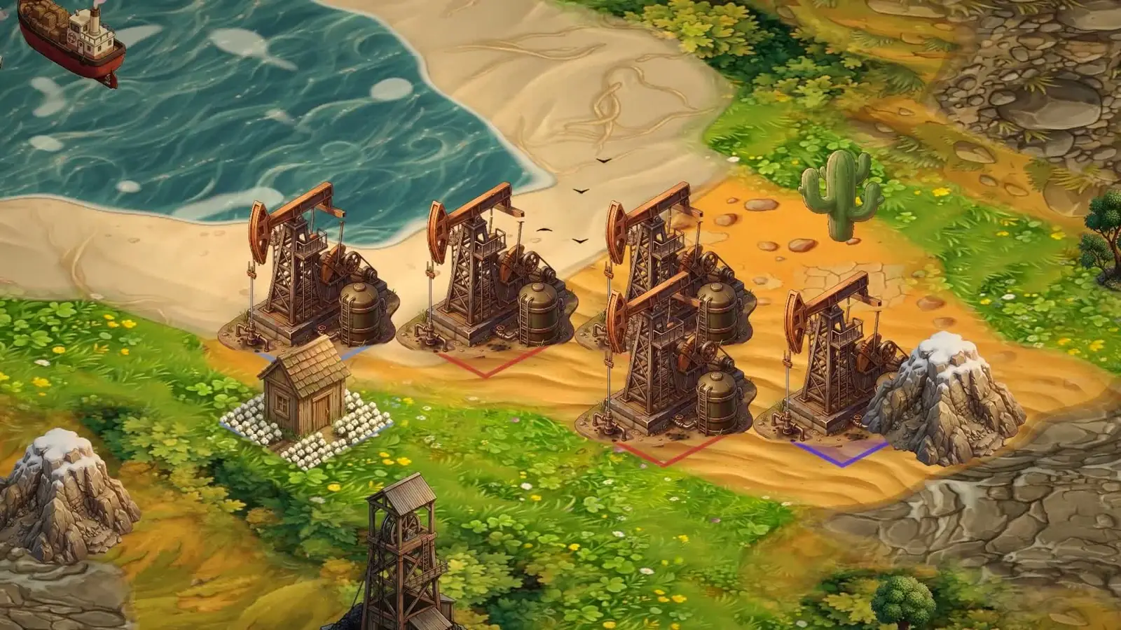 A painted coastline with a small farm, a mine and an oil derrick on golden sand